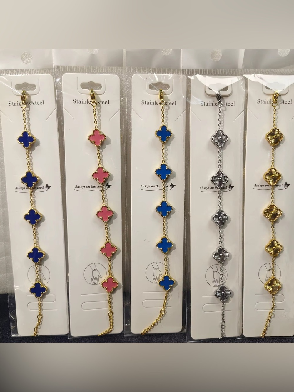 Gold Clover Chain Bracelet - Blue & Pink Options